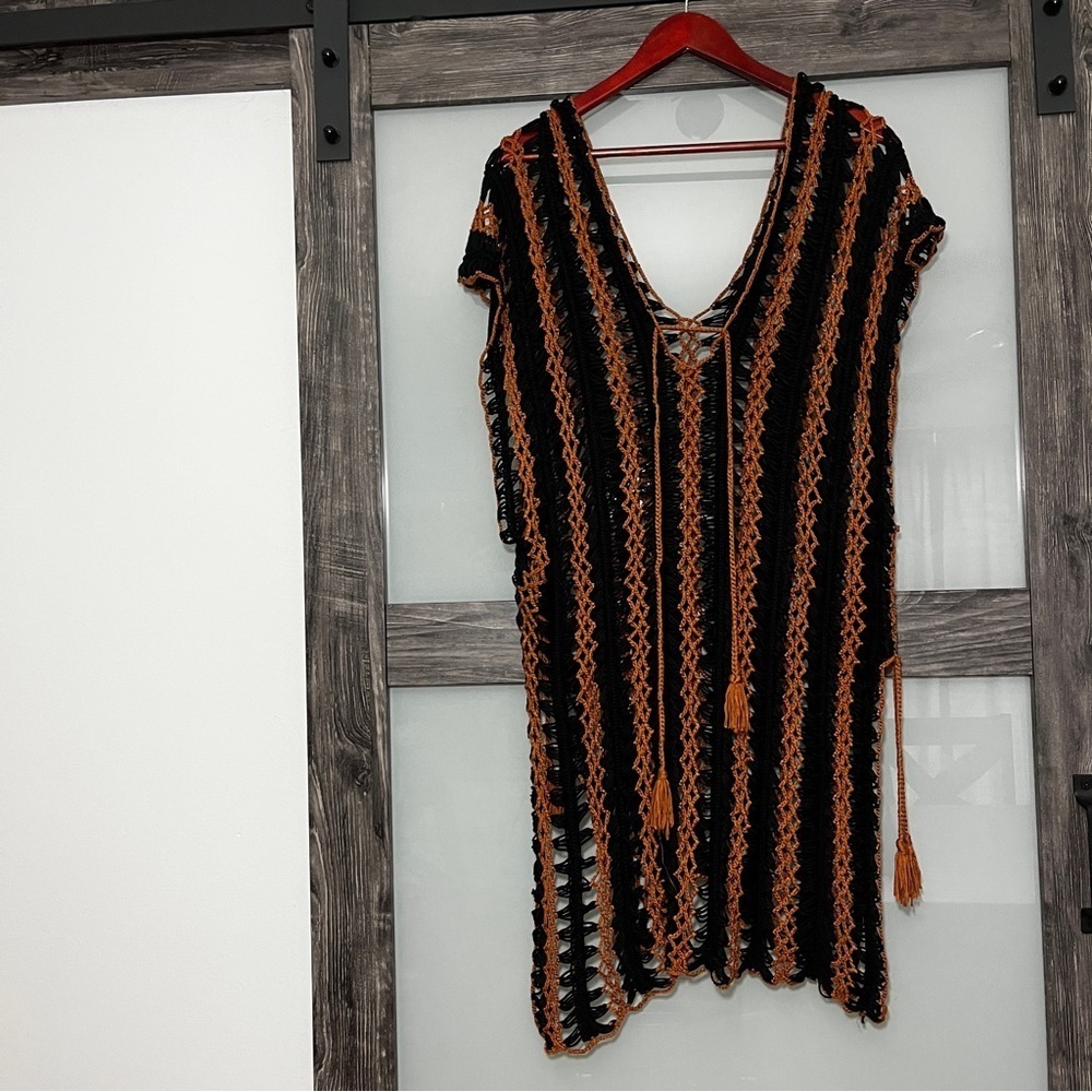 Black and Brown Crochet Swim Cover-Up Boho Gypsy Delicate - Picture 2 of 8